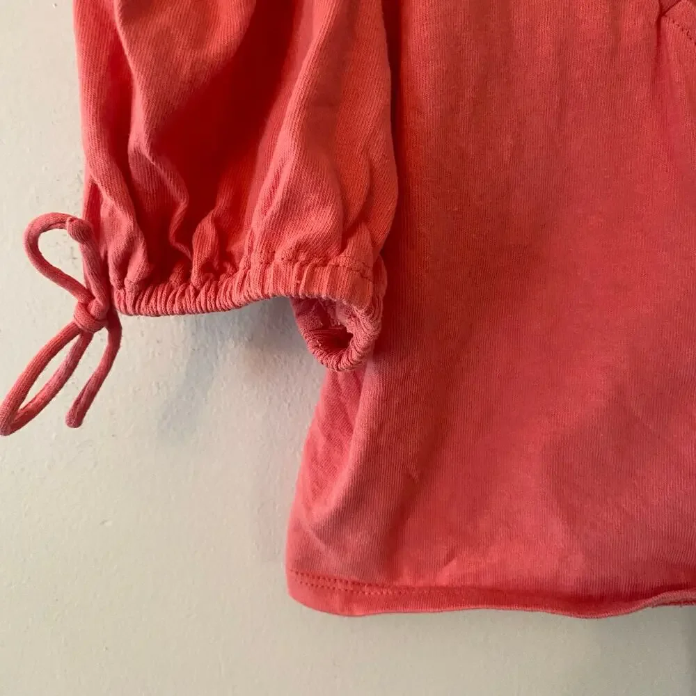 Free People Hot Pink Kitty Tee Puff Sleeve Cropped Tie Blouse Women's size XS